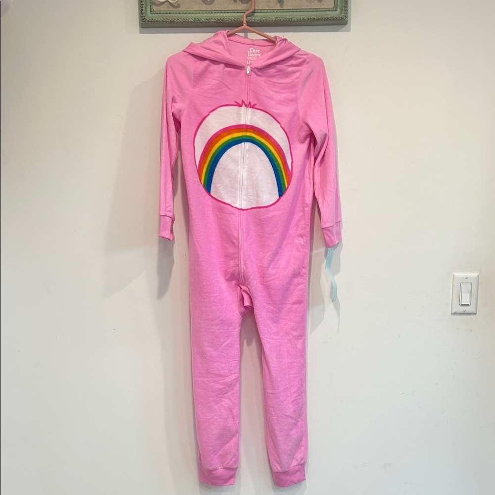 Care Bears Pink Kids Jumpsuit hooded full zip Rainbow belly Design large new